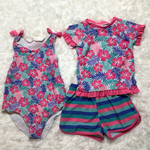 Penelope Plum Set Suit Rash Guard Shorts Coverup 5 6 Floral Stripe UPF Summer